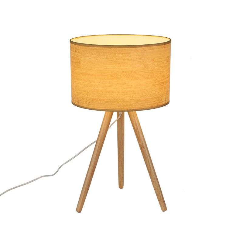 1 lámpara de mesa de noche de bombilla Luz de trípode de madera minimalista con sombra de tela de columna