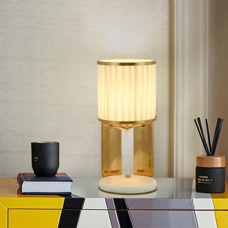 Fabric Barrel Nightstand Light Modernism Single Head Gold Night Lamp for Bedside with Marble Base