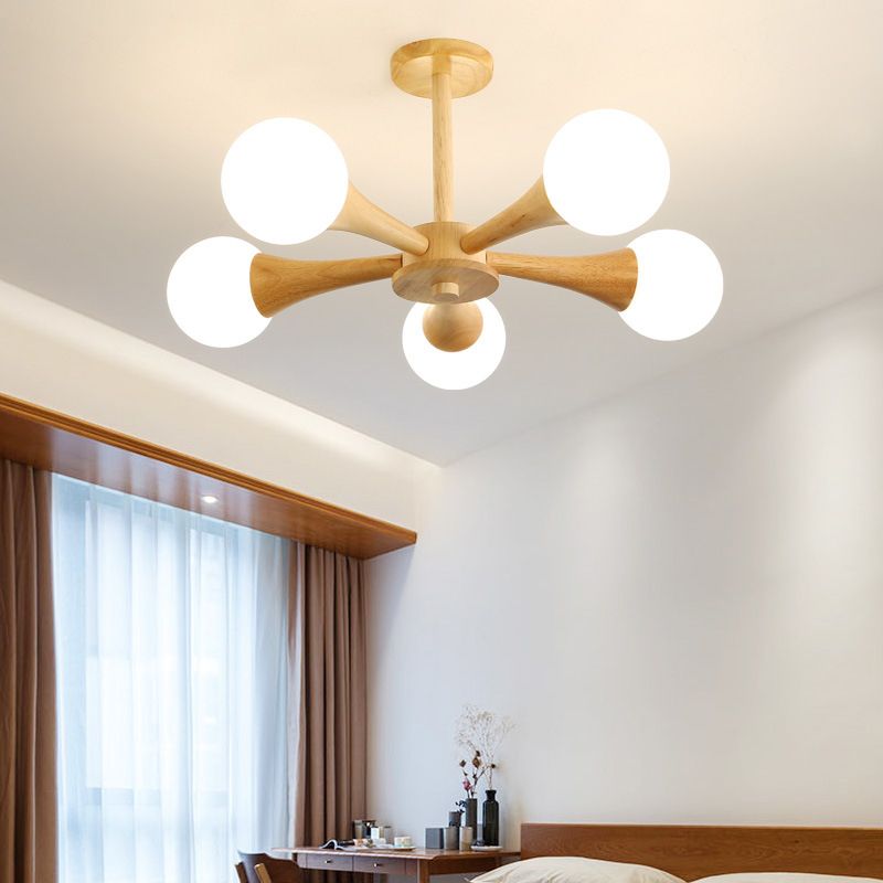 Sputnik Bedroom Ceiling Hung Fixture Wood Simple Style Chandelier Lighting Fixture in Beige