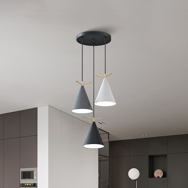 Cone Shade Cluster Pendant Nordic Metallic 3-Light Black/Black-Grey-White/White Hanging Lamp with Antler Decor and Round/Linear Canopy