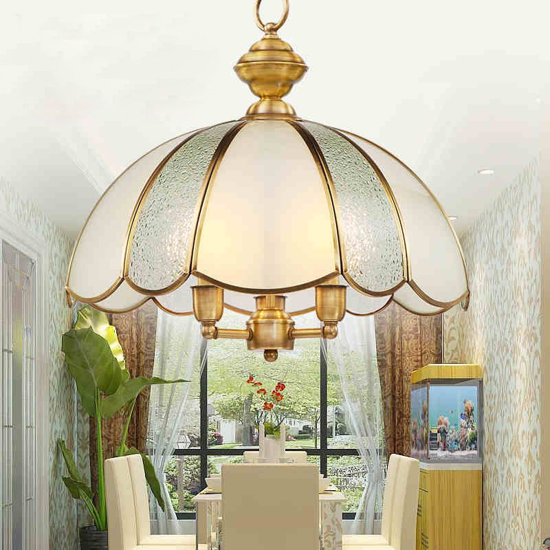 3 lichten Dome Kroonluchter Lamp Classic Polished Brass Frosted Glass Hanging Lighting
