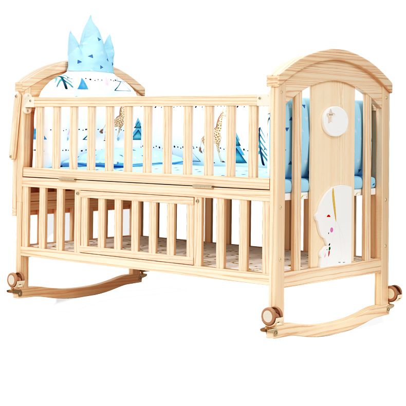 Pine Convertible Baby Crib Height Adjustable Crib with Guardrail