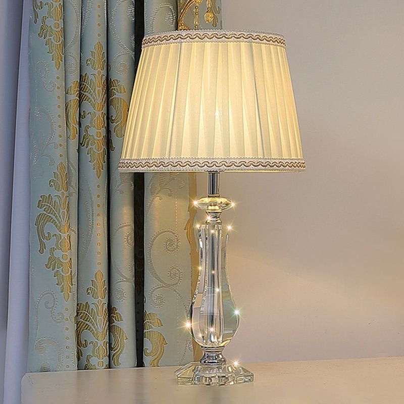 1 Head Flared/Pleated Shade Table Light Traditional Beige/Burgundy/Sky Blue Fabric Nightstand Lamp with Crystal Column