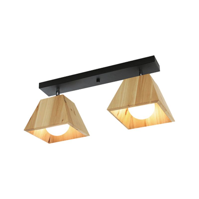 Black/White Linear Semi Flushmount Lamp with Trapezoid Wooden Shade Modern 2/3-Bulb Semi Flush Ceiling Fixture