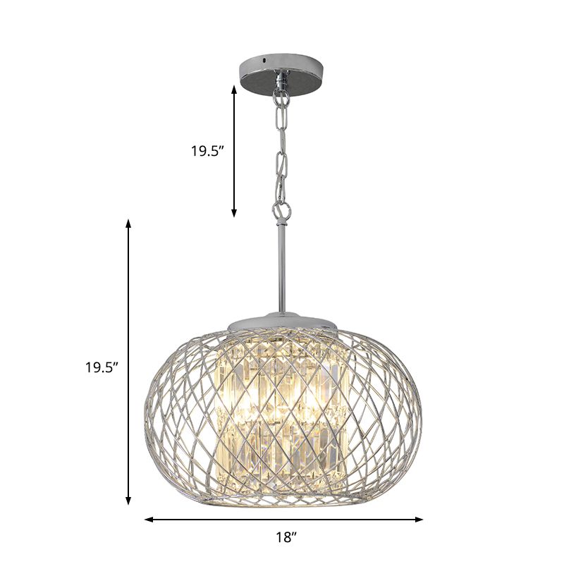 3 Lights Dining Room Chandelier Light Modern Chrome Hanging Light with Dome Cage Crystal Block Shade