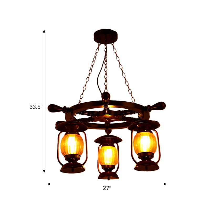 3 Glühbirnen Kerosin Kronleuchter leichter Antiquitätenstil Kupfer Finish gelbe Glas Anhängerlampe mit Holz Ruder Design