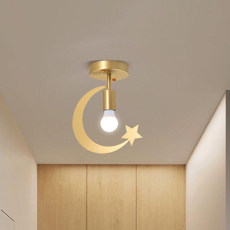 Grey/Gold Crescent and Star Semi Flush Mount Lighting Kids 1 Light Iron Flush Ceiling Light for Corridor