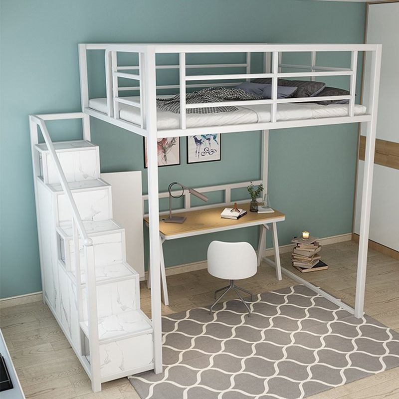 Industrial Metal Loft Bed with Storage Staircase Loft Bed in Black/White