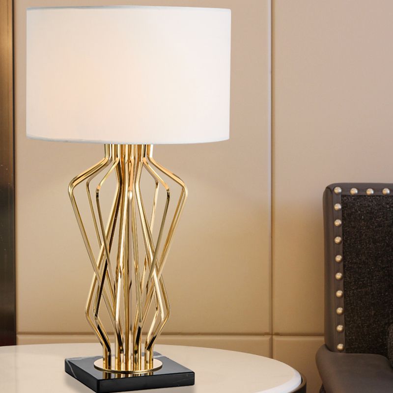 Gold Finish Hourglass Night Light Modern 1-Bulb Metal Table Lamp with Black/White Cylinder Fabric Shade