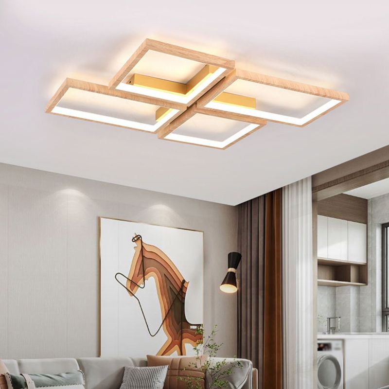 Modern Style Square Shape Flush Mount 4-Lights Wood Ceiling Light for Living Room