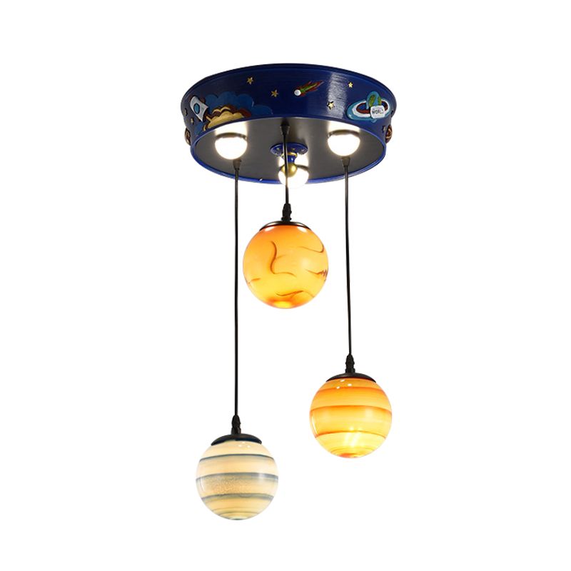 Kids 3-Bulb Cluster Pendant Blue Planet Hanging Ceiling Light with Frosted Glass Shade for Nursery