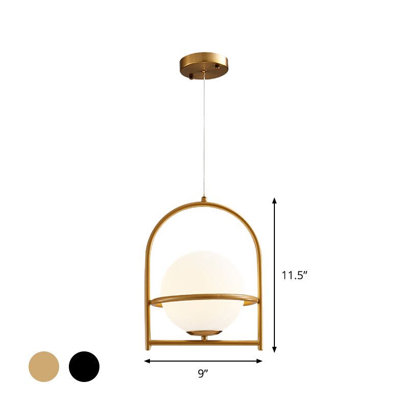 Lumière de suspension à balle moderne avec conception de cage à oiseaux Verre Opale 1 ampoule 9 "/ 11" de large plafond de chevet s'approche du noir en noir / or