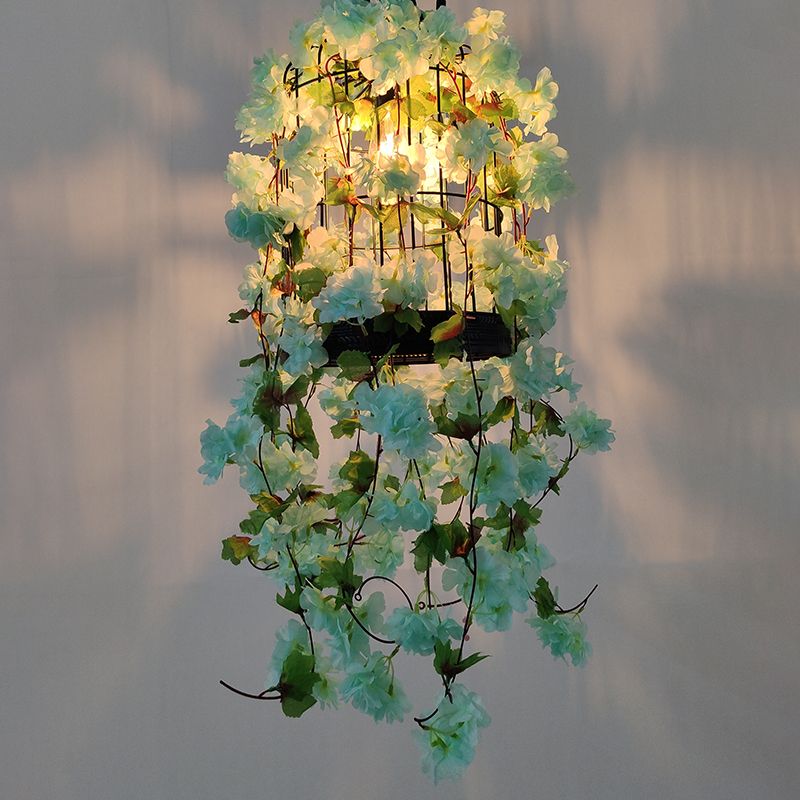 Birdcage Bar plafondlicht industrieel ijzer enkel licht groen hangend hanglamp met bloemdecoratie