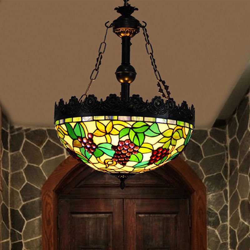 Green 3 Lights Chandelier Lighting Fixture Tiffany Stained Glass Grape Hanging Pendant for Living Room