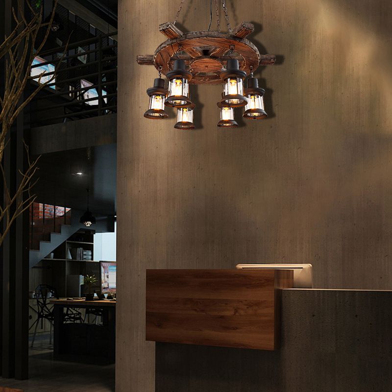 Lantern Restaurant Ceiling Chandelier Coastal Metal 6 Lights Balck Pendant Lamp with Wooedn Rudder Decoration