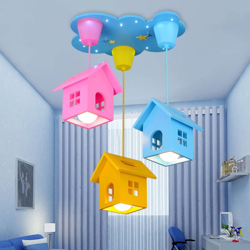 Blue House Shaped Hanging Light Kids 3 Bulbs Wooden Multi Light Pendant for Nursery