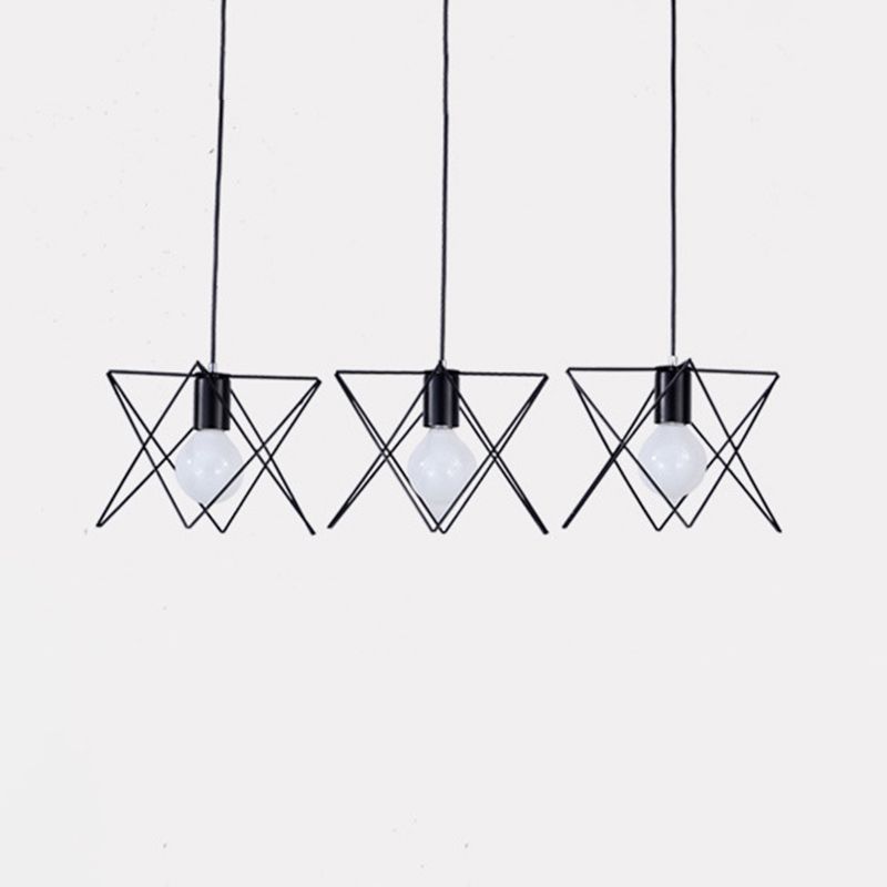 3 Bulbs Iron Suspension Light Antique Black Geometrical Cage Living Room Multi Ceiling Lamp