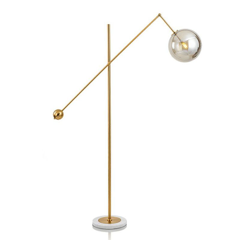 Brass Plated Balance Arm Floor Light Postmodern 1-Light Metal Stand Up Lamp with Spherical Glass Shade