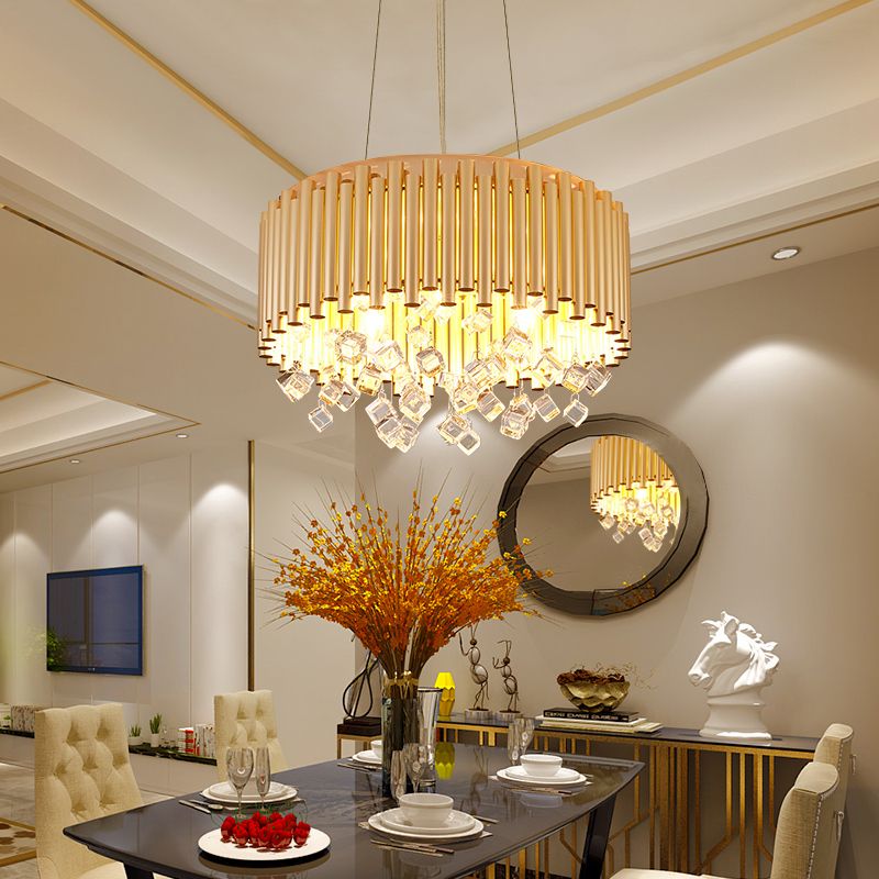 4/5 Lights Drum Hanging Pendant Light Modern Metal Chandelier Light with Cubic Crystal Accent in Gold, 16"/19.5" W