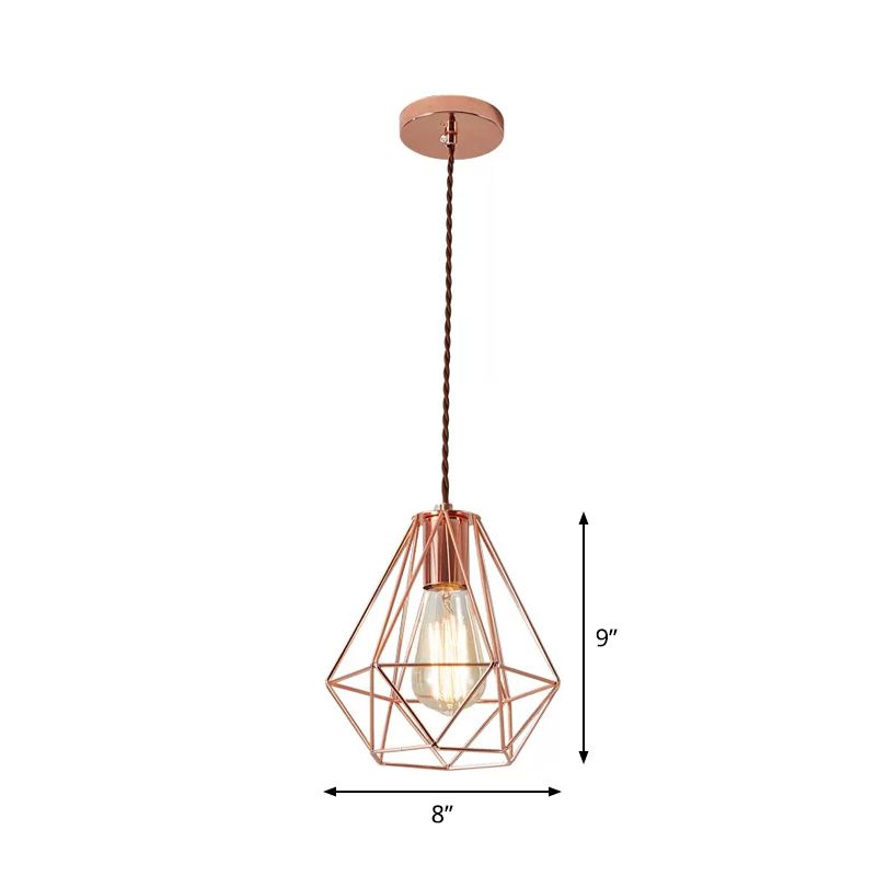 Iron Rose Gold Pendant Lamp Flared/Diamond Cage 1-Light Industrial Ceiling Hang Light for Bedroom