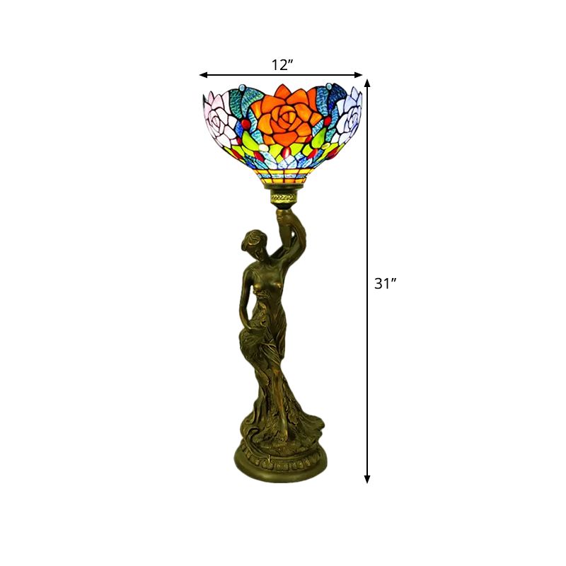 Table de bol Éclairage 1 tête en vitrail Petal baroque / libellule lampe de nuit à motifs en laiton avec résine Naked Woman Base