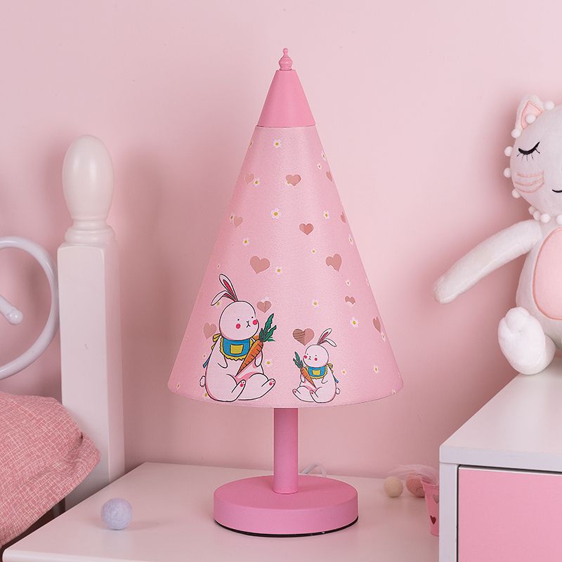 Cone Fabric Nightstand Light Kids 1 Bulb Pink Night Table Lamp with Rabbit Pattern and Cutout Design