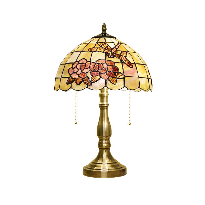 Brushed Brass 2-Bulb Nightstand Light Tiffany Shell Dragonfly on Peony Table Lamp with Pull Chain