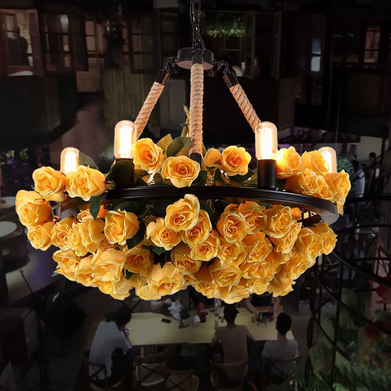 Circle Metal Ceiling Chandelier Loft Style 6 Bulbs Rope Pendant Lighting Fixture with Yellow Rose and Open Bulb Design