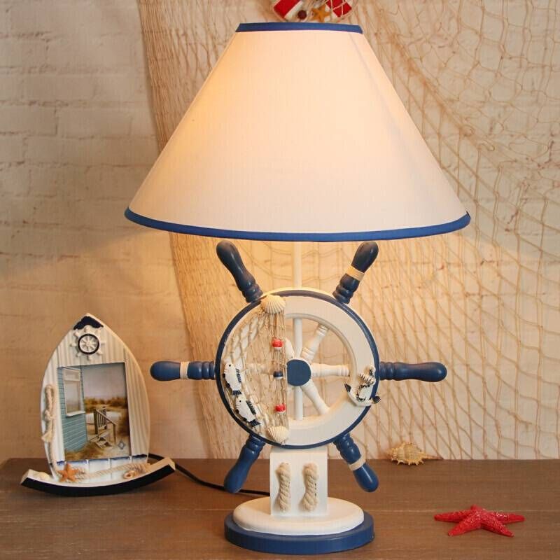 Resin Rudder Base Desk Lamp Children Single Bulb Blue Night Light with Cone White Fabric Shade