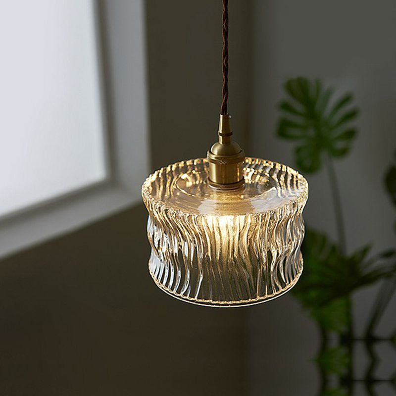 Antique Style Drum Pendant Light 1-Light Clear Ribbed Glass Hanging Light Fixture