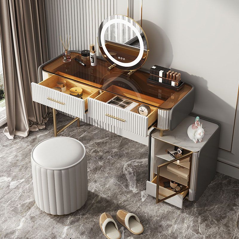 Glam Wooden Makeup Vanity Desk Glass Top Vanity Dressing Table Set