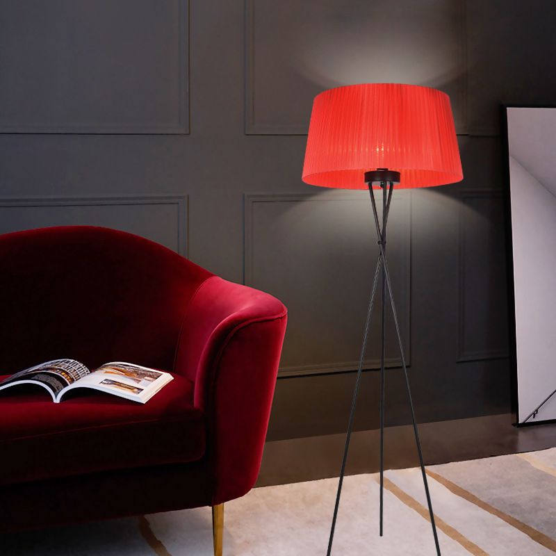 Drum Shade Fabric Floor Standing Light Modern Style 1 Bulb Pink/Black/Red Tripod Floor Lamp