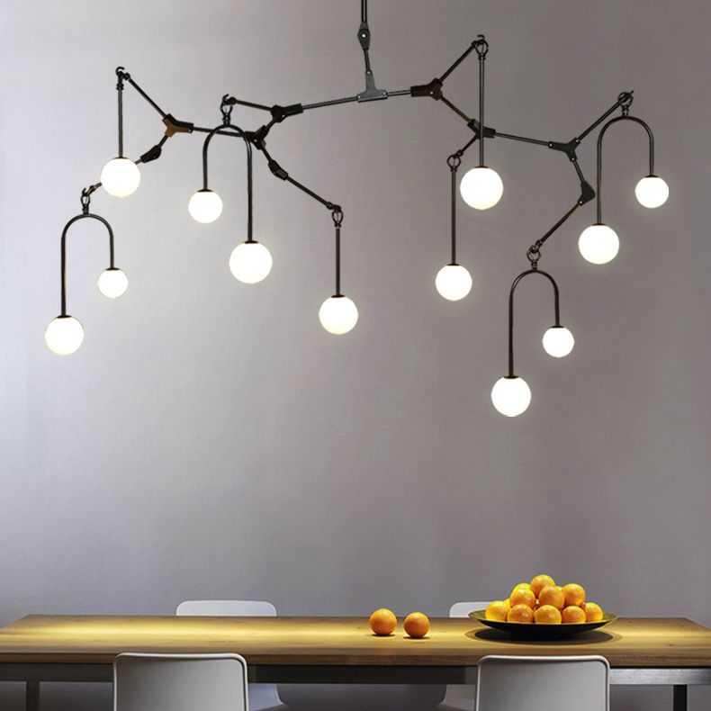 Restaurant Cafe Branch Chandelier Metal Post-modern Pendant Lamp in Black/Gold with Orb Shade