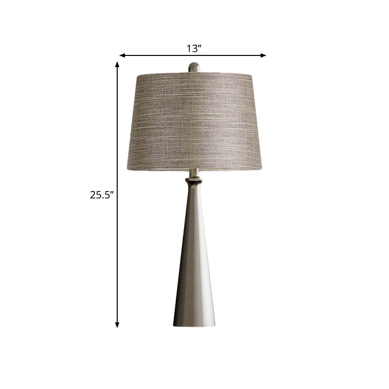 1 Bulb Bedroom Night Table Lighting Simple Silver Nightstand Lamp with Tapered Drum Fabric Shade