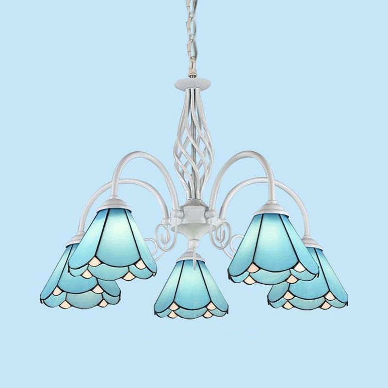 5 Lights Cone Hanging Light with Metal Chain and Gooseneck Stained Glass Vintage Blue Chandelier