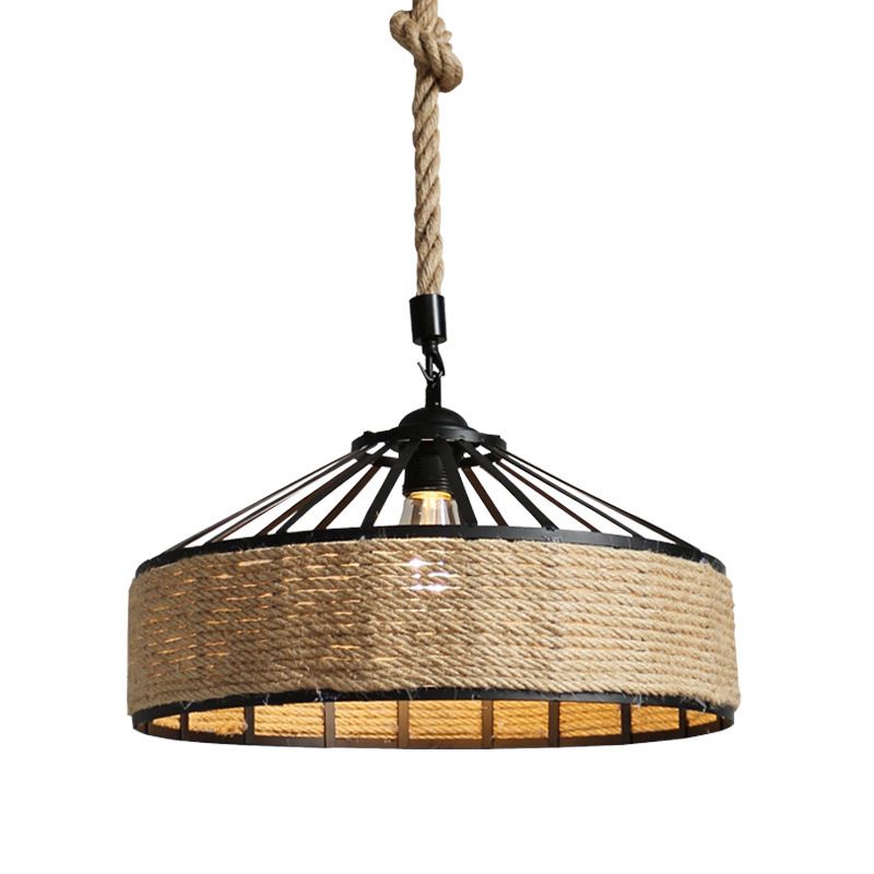 Rope Linen 1-Light Pendant Lamp Drum Vintage Loft Ceiling Fixture for Bar