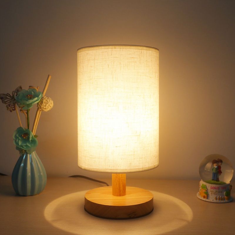 Fabric Cylinder Task Lighting Japanese 1 Bulb Reading Lamp in White/Flaxen with Wood Base