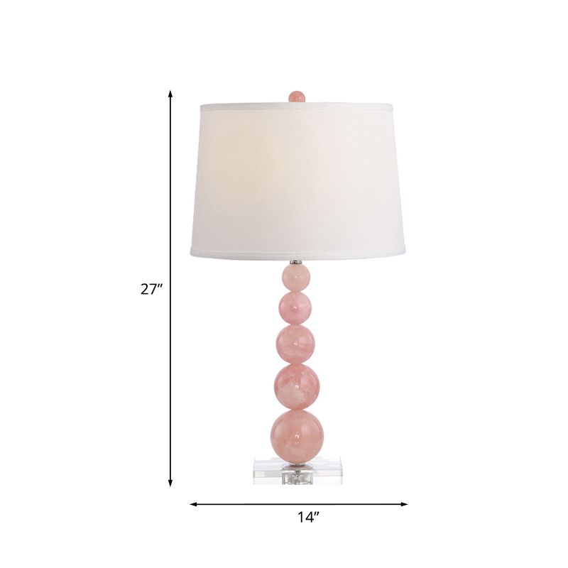 Barrel Shade Nightstand Lamp Modernist Fabric Single White Night Table Light with Orbs Pink Glass Stand