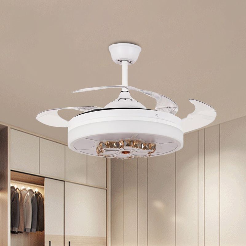 3 Blades Drum Semi Flush Light Modernism White Crystal Pendant Fan Lamp for Living Room, 19" Wide