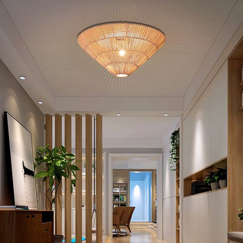 Cone Shape Ceiling Light Fixture Rattan Flush Mount Light for Living Room