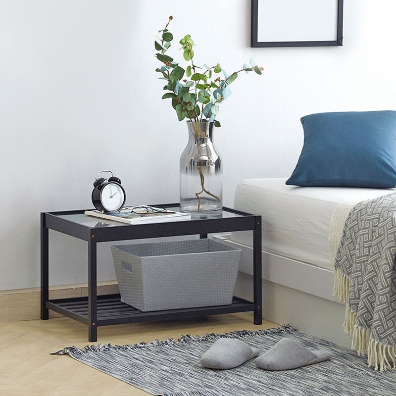 Modern Glass Top Night Table Open Storage Bamboo Bed Nightstand with Legs