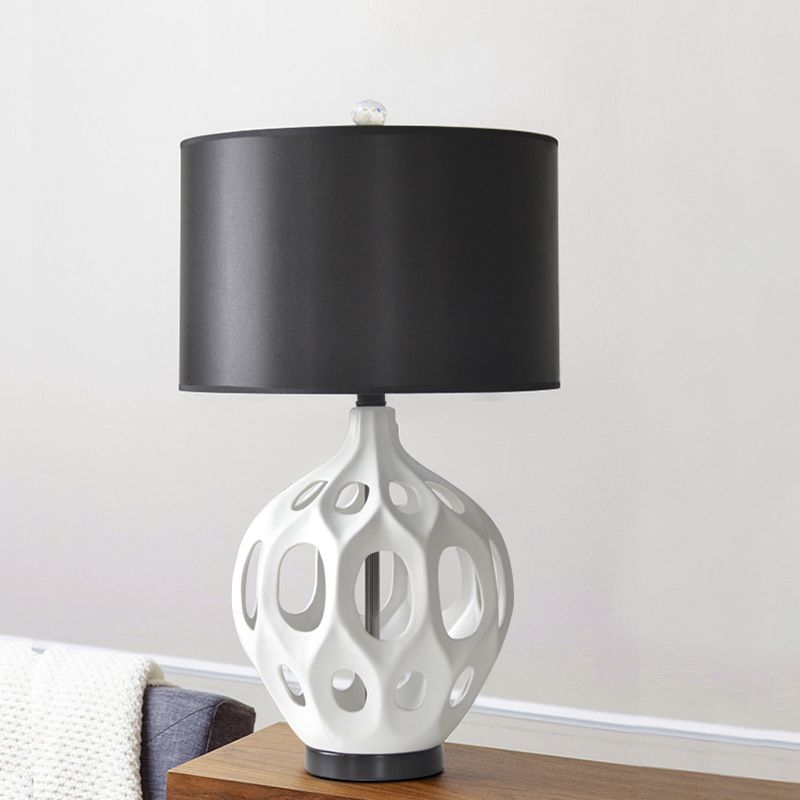 1-Bulb Drum Nightstand Lighting Traditional Black Finish Table Lamp with White Etched Jar Base