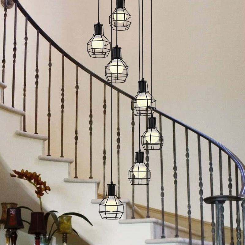 6 Bulbs Globe Cage Hanging Lighting Industrial Black Metal Multi Light Pendant with Spiral Design