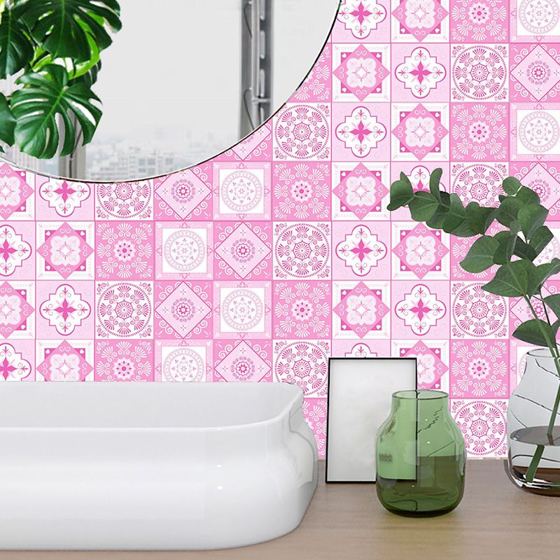 Adhesive Bohemian Flower Wallpaper Panels in Pink Washroom Wall Covering, 11.6-sq ft