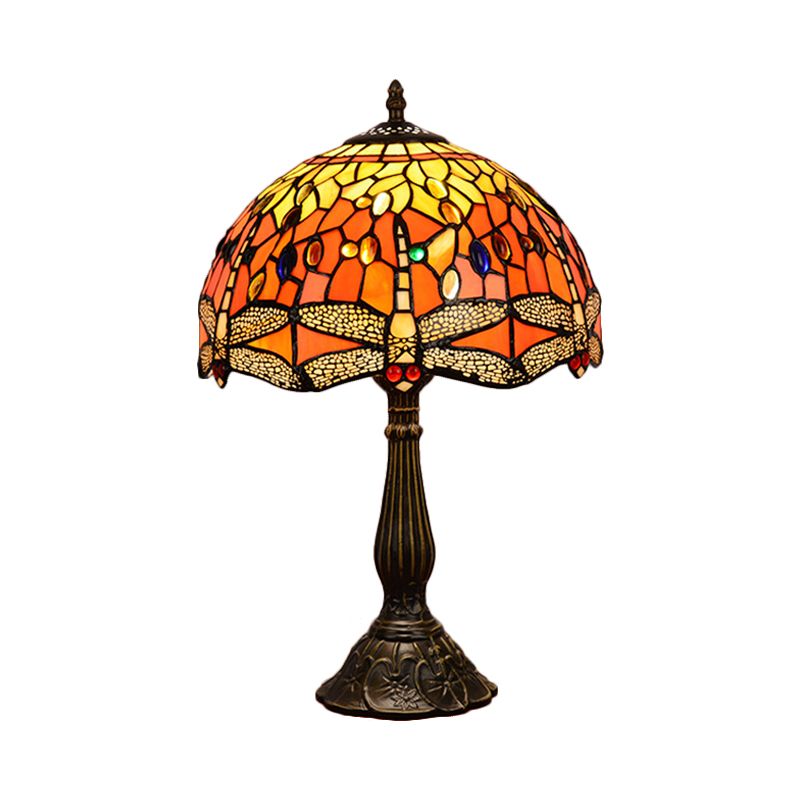 Dragonfly Table Light 1-Head Stained Art Glass Tiffany Night Lamp in White/Yellow/Orange for Living Room