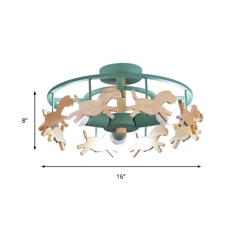 Macaron Merry-go-round Plafonnier Métal Bois 3 Lumières Vert Semi Flush Light pour Salle à manger