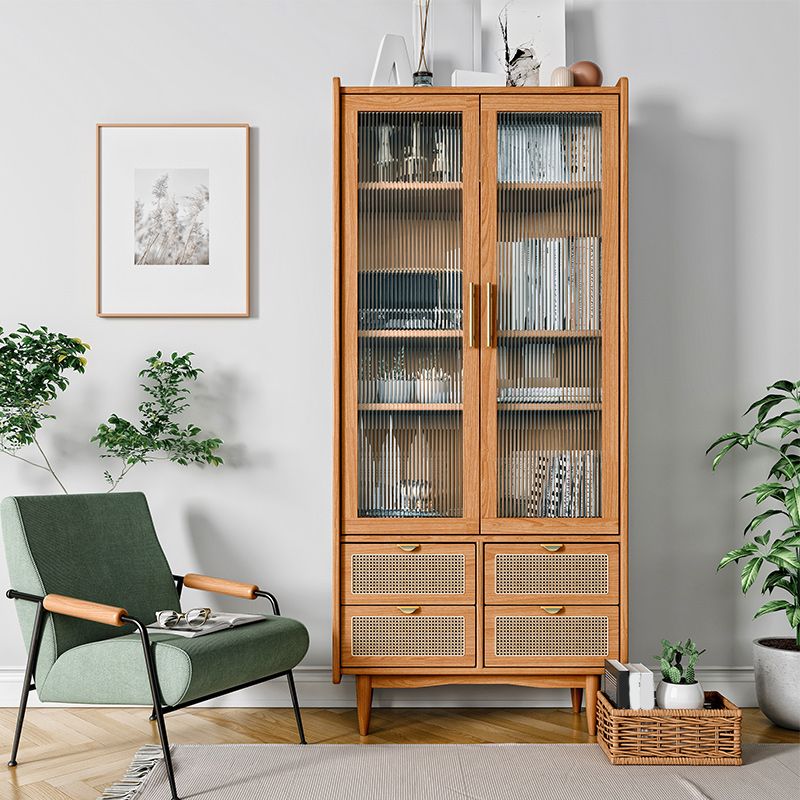 Modern Glass Doors Display Stand Pine Storage Cabinet with Doors for Living Room