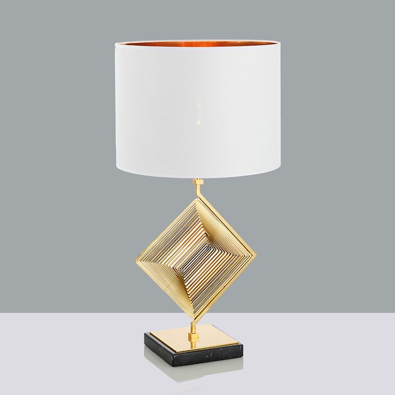 Pyramid Bedroom Table Light Metallic 1 Light Modern Desk Lamp in Gold with White Fabric Shade