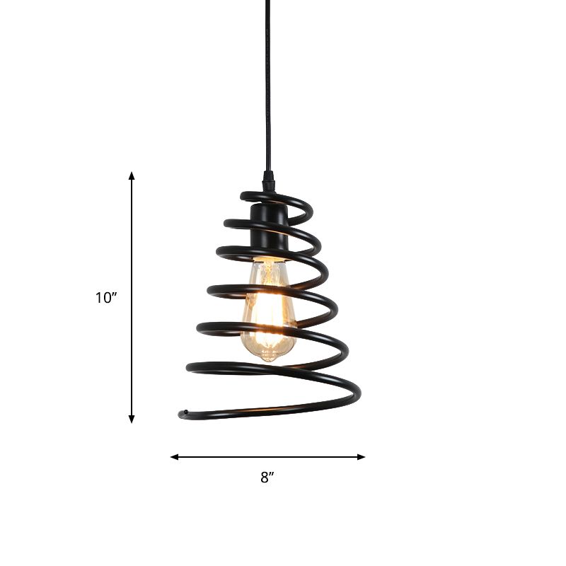 Warehouse Coiled Cone Pendulum Light 1 Bulb Iron Commercial Lighting Pendant in Black