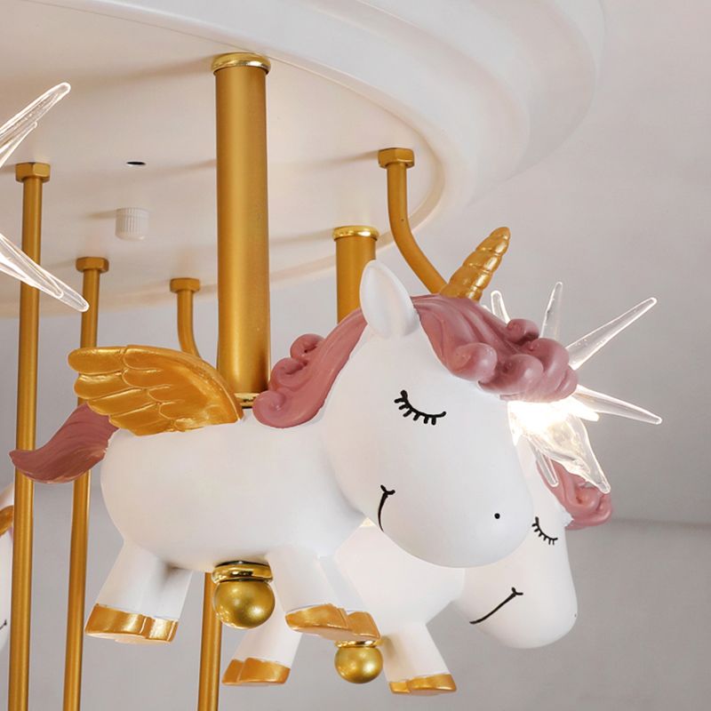 Flying Unicorn Kindergarten Semi Flush Mount Resin Kids LED Affermazione Montata Montata